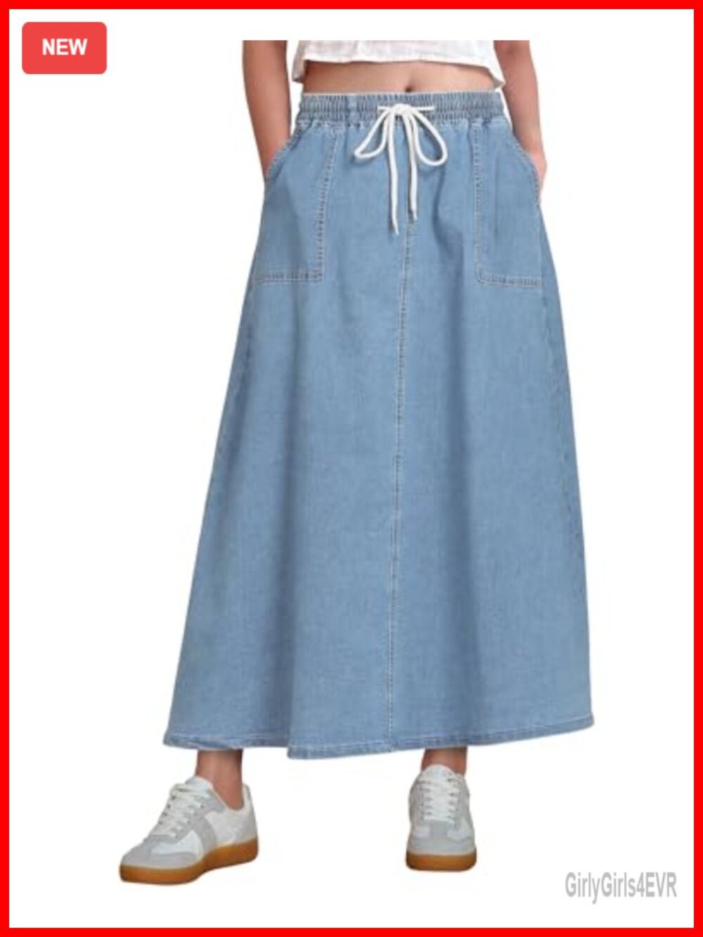 Womens High Rise Pull On A-Line Maxi Denim Skirt Elastic Waist Pockets